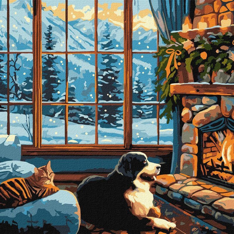 Picturi pe numere cu Animale - Câine la căldura șemineului