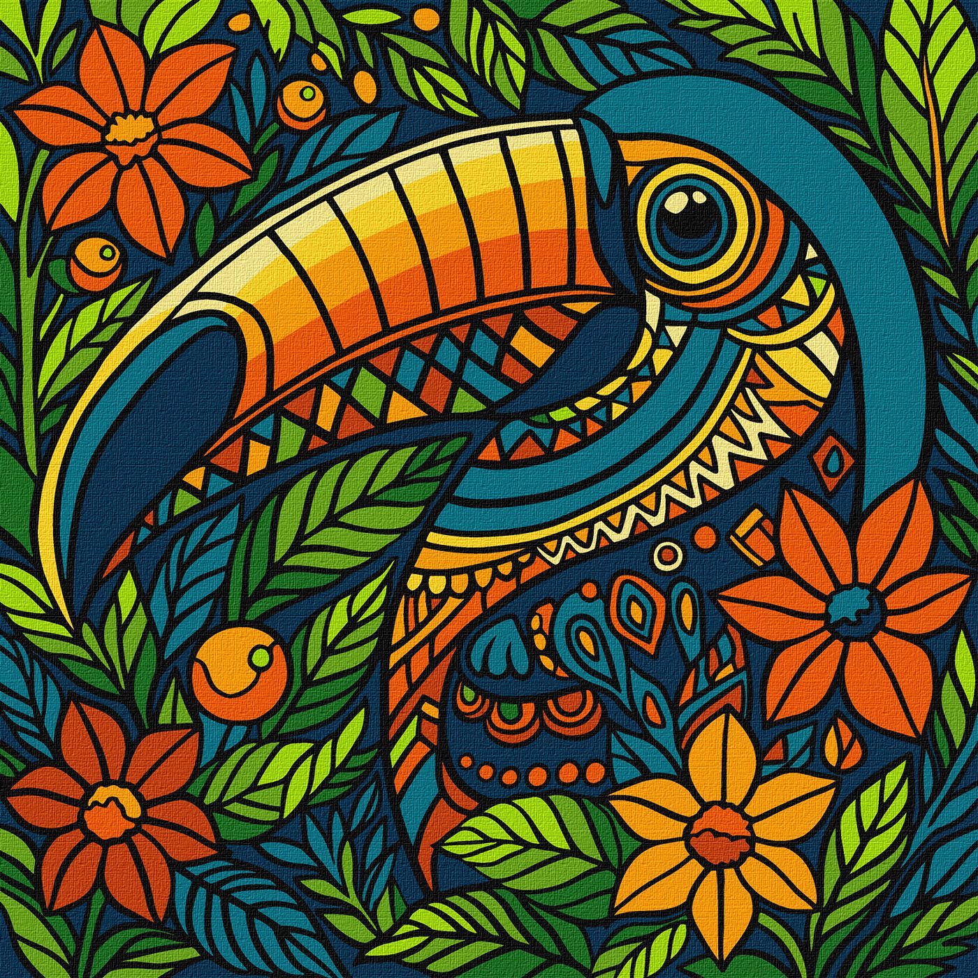 Picturi pe numere cu Păsări - Tucan în vitraliu