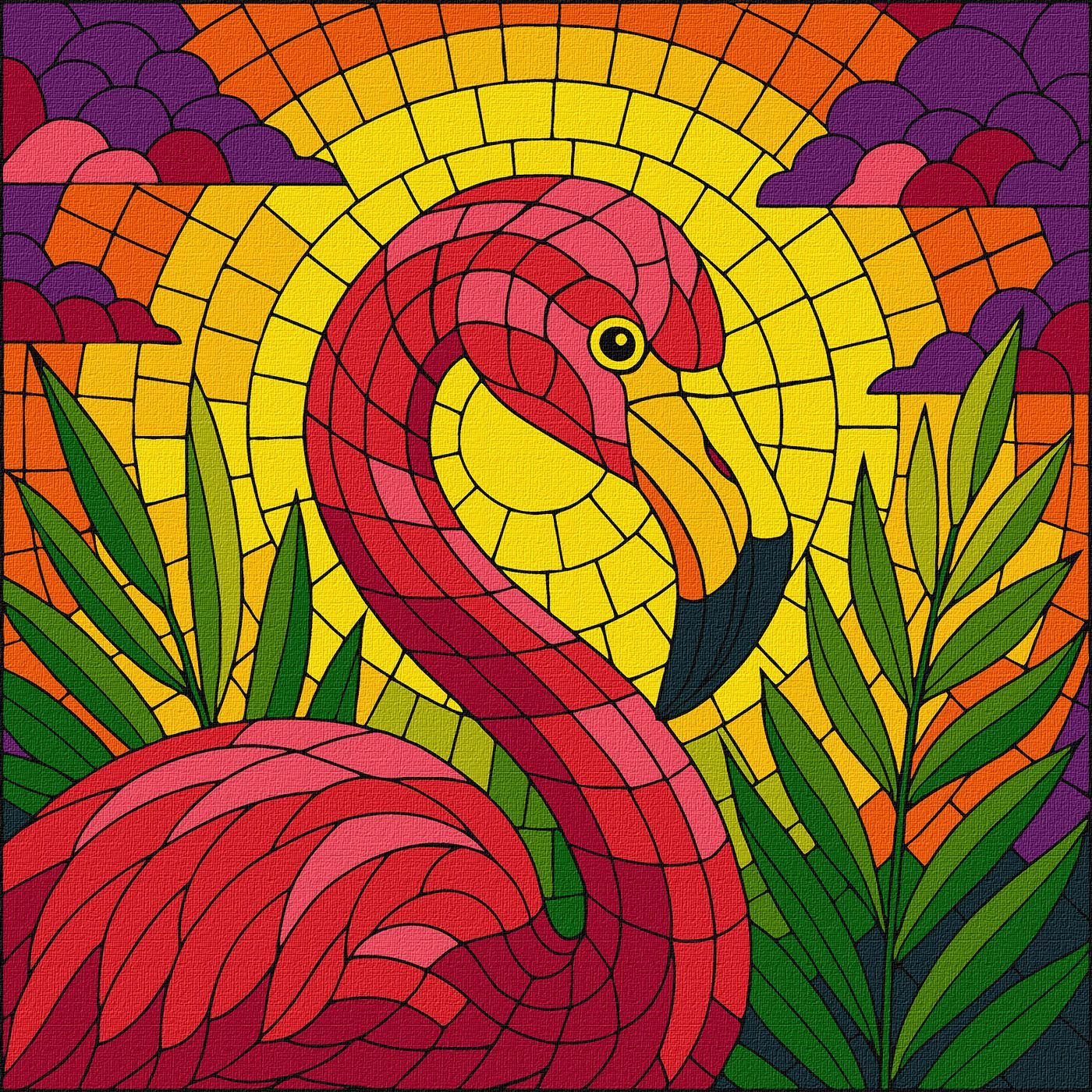 Picturi pe numere cu Păsări - Flamingo în vitraliu