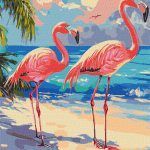 Picturi pe numere cu Păsări - Flamingo roz la plajă