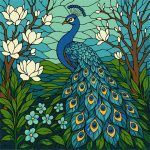 Picturi pe numere cu Păsări - Păun în magnolii în vitraliu
