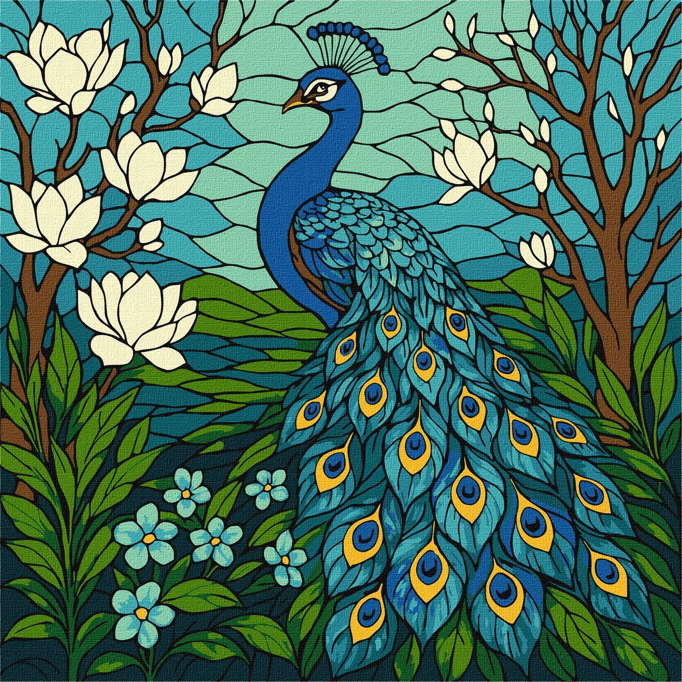 Picturi pe numere cu Păsări - Păun în magnolii în vitraliu