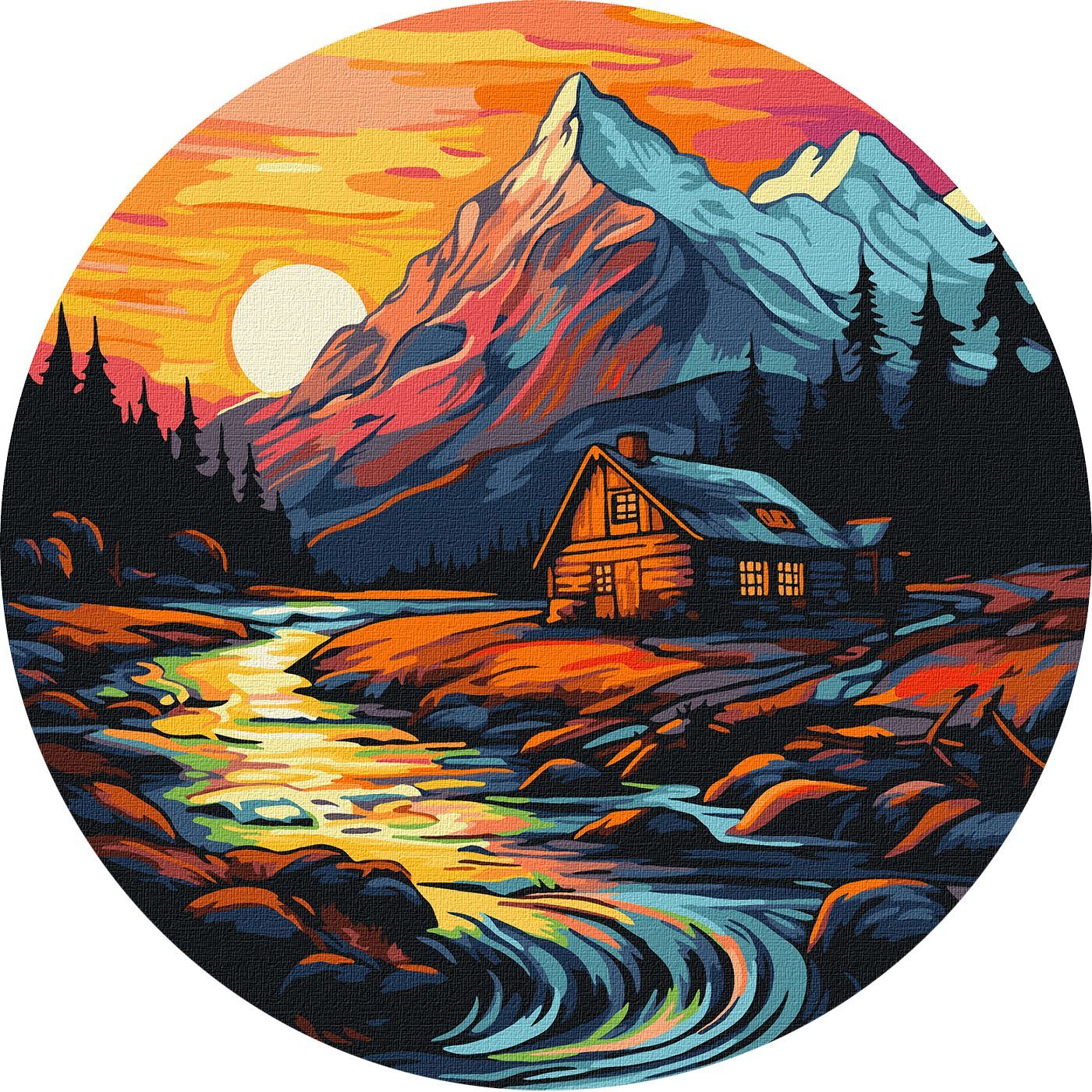 Picturi pe numere cu Peisaje - Cabană lângă râu