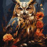 Picturi pe numere cu Păsări - Bufniță în pădure cu vopsele extra metalizate