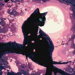 Picturi pe numere cu Animale - O pisică magică printre cireși cu vopsele metalizate