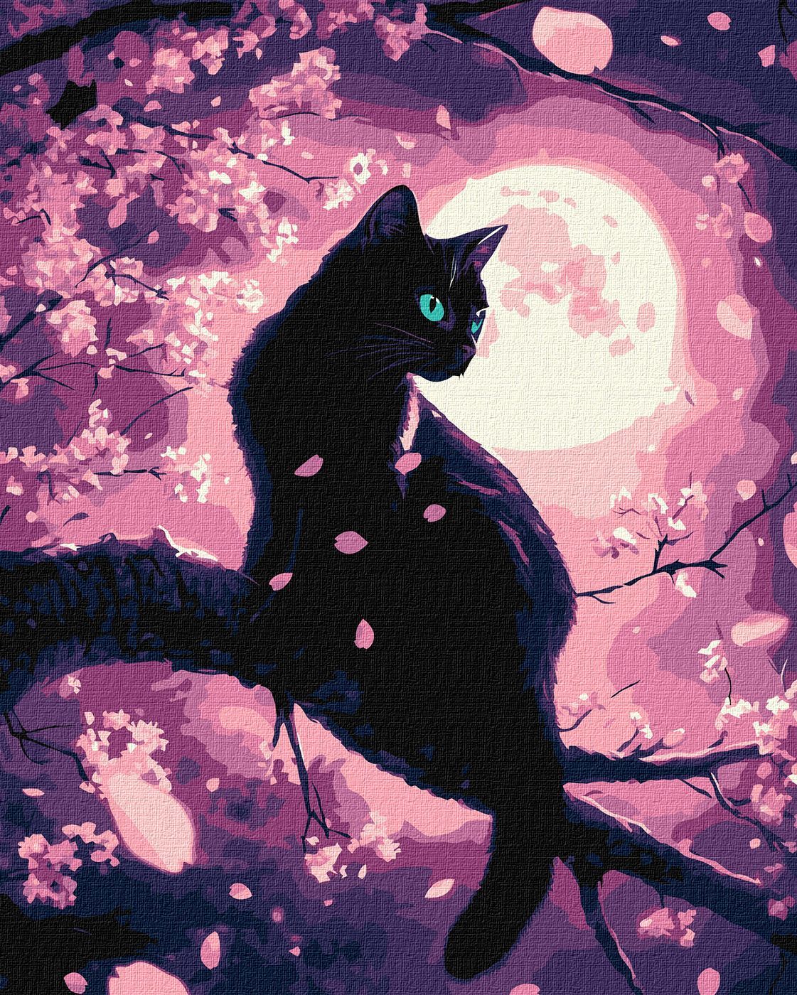 Picturi pe numere cu Animale - O pisică magică printre cireși cu vopsele metalizate