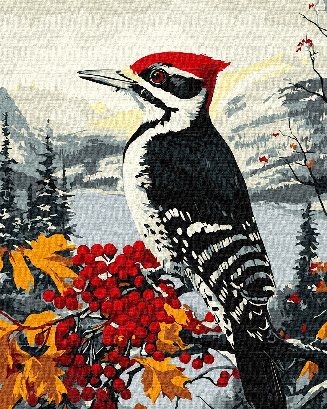 Picturi pe numere cu Păsări - Ciocănitoare pe ramură