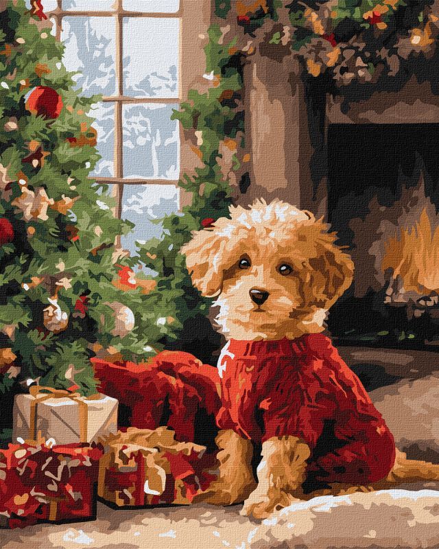 Picturi pe numere cu Animale - Cățel lângă pomul de Crăciun