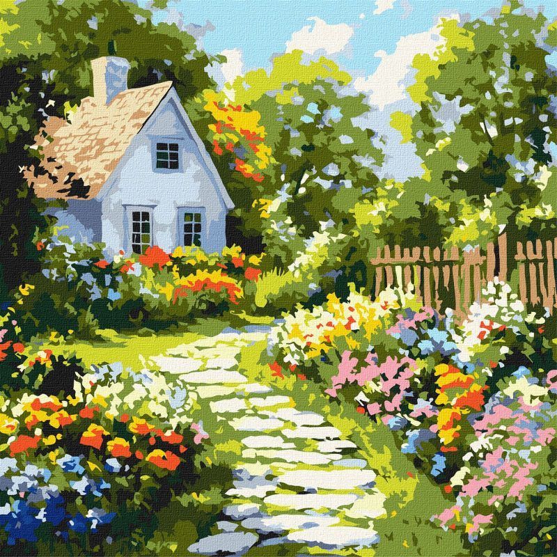 Picturi pe numere cu Peisaje - Florile de lângă căsuță