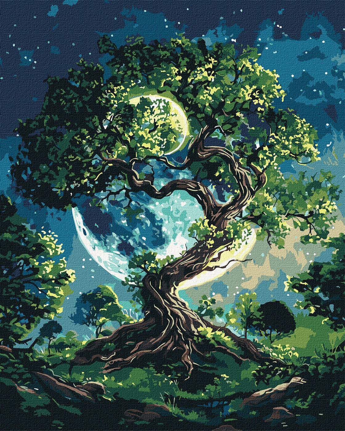 Picturi pe numere cu Peisaje - Arborele lumii cu vopsele metalizate